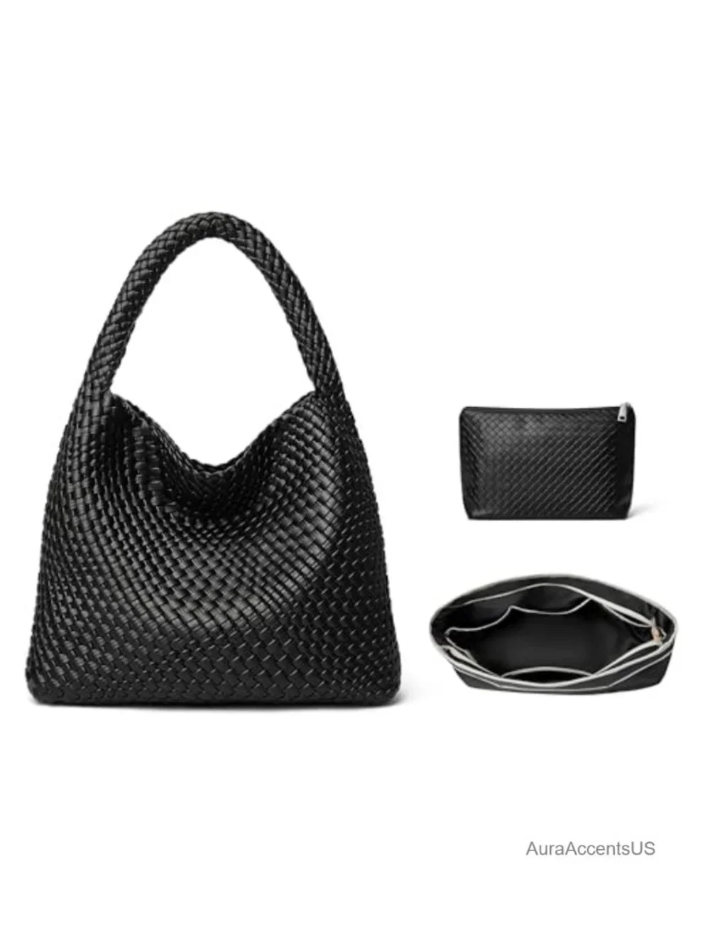 Large Woven Hobo Shoulder Bag Faux Leather Vegan PU Tote